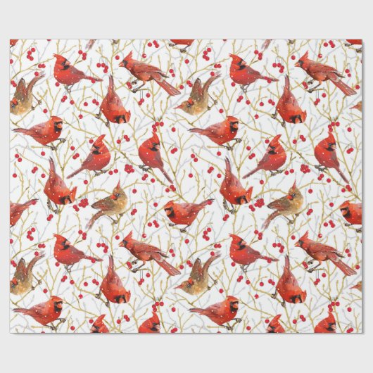 Sneeuwrijke Kardinalen + Winterbessen Kerstmis | W Cadeaupapier (Vlak)