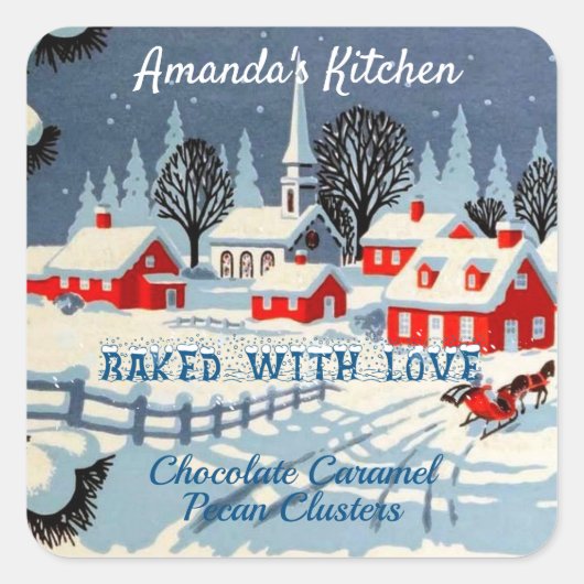  sneeuwrijke kerst rode huizen, kerk vierkante sticker (Voorkant)