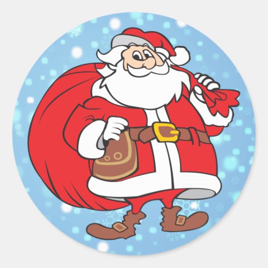 Sneeuwrijke kerstman en zijn grote zak cadeaus ronde sticker (Voorkant)