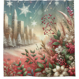 "Sneeuwrijke kerststad, besneeuwde bomen" Douchegordijn