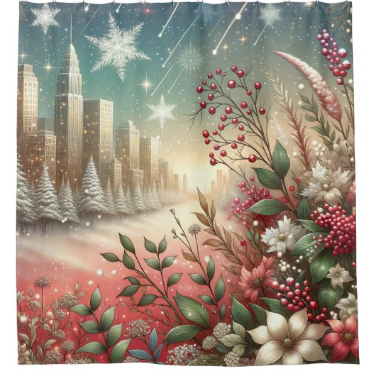 "Sneeuwrijke kerststad, besneeuwde bomen" Douchegordijn (Voorkant)