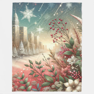 "Sneeuwrijke kerststad, besneeuwde bomen" Fleece Deken
