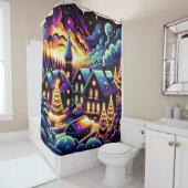 "Sneeuwrijke kerststad in de nacht" Douchegordijn (In situ)