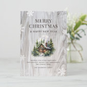 Sneeuwrijke vrolijke kerst log cabine feestdagenkaart (Staand voorkant)