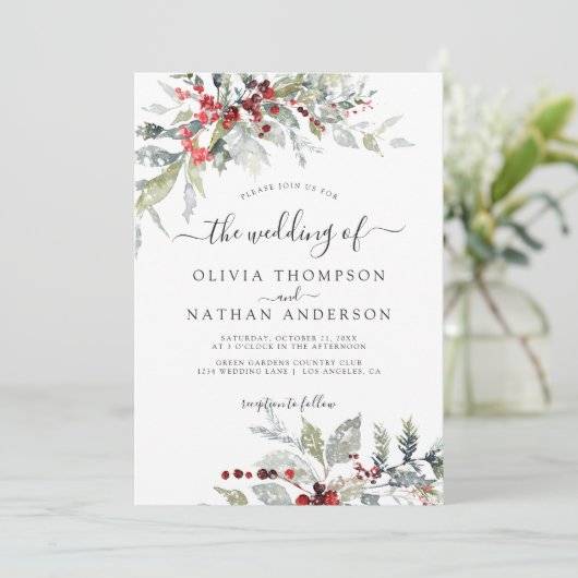 Sneeuwrijke Winter Bessen Botanische Monogram Brui Kaart (Staand voorkant)