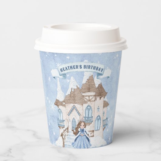 Sneeuwrijke Winter Brunette Prinses Verjaardag Papieren Bekers (Achterkant)