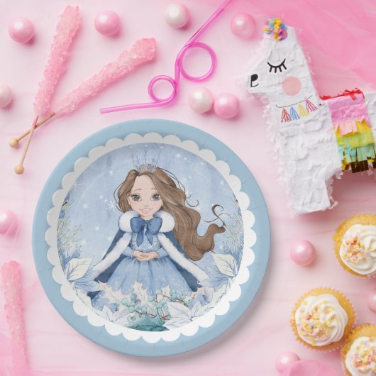 Sneeuwrijke Winter Brunette Prinses Verjaardag Papieren Bordje (Feest)