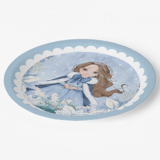 Sneeuwrijke Winter Brunette Prinses Verjaardag Papieren Bordje (Gekanteld)