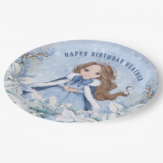 Sneeuwrijke Winter Brunette Prinses Verjaardag Papieren Bordje (Gekanteld)