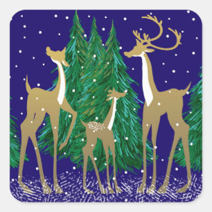 Sneeuwrijke Winter Herten in bosrijke bossen   Bla Vierkante Sticker