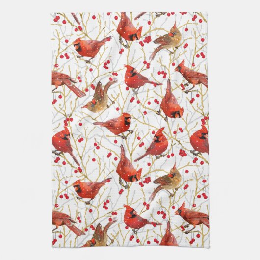 Sneeuwrijke Winter Kardinalen Winterberry Kerstmis Theedoek (Verticaal)