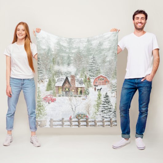 Sneeuwrijke Winter Kerstmis Cabine Scène Fleece Deken (In situ)