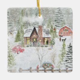 Sneeuwrijke Winter Kerstmis Cabine Scène Keramisch Ornament