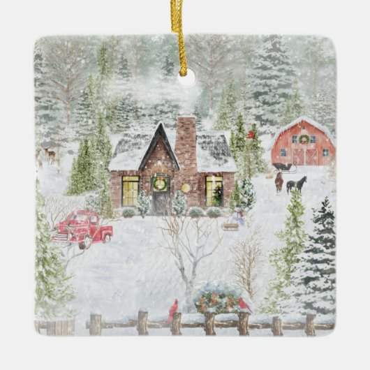 Sneeuwrijke Winter Kerstmis Cabine Scène Keramisch Ornament (Voorkant)