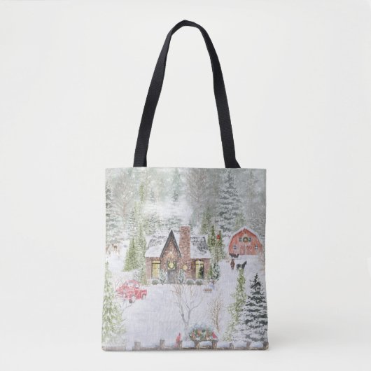 Sneeuwrijke Winter Kerstmis Cabine Scène Tote Bag (Voorkant)