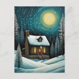 Sneeuwrijke winter nacht bos huisje kerst feestdagenkaart