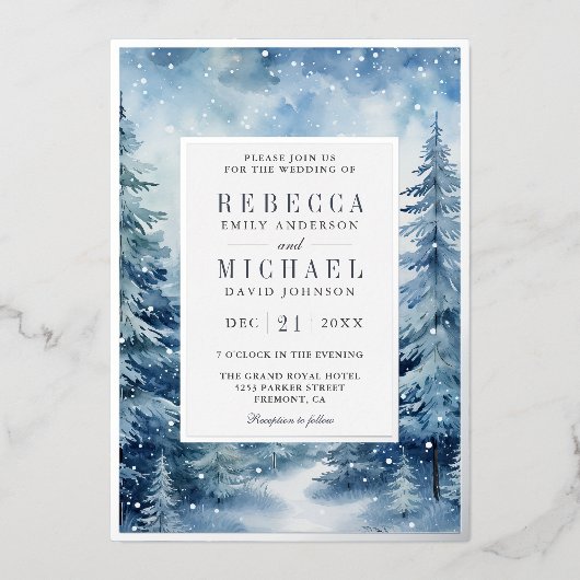 Sneeuwrijke Winter Pijnboombos Foto Collage Bruilo Folie Uitnodiging (Voorkant)