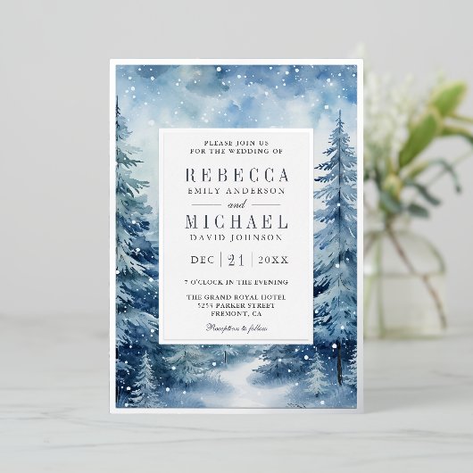 Sneeuwrijke Winter Pijnboombos Foto Collage Bruilo Folie Uitnodiging (Staand Voorkant)