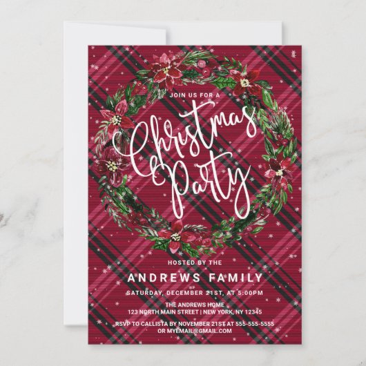 Sneeuwrijke winter rode bloemenkrans flanel kerstm kaart (Voorkant)