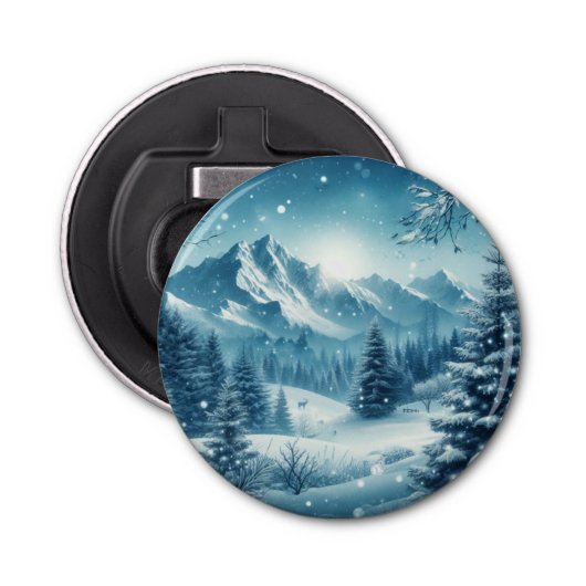 Sneeuwrijke winterberg button flesopener (Voorkant)