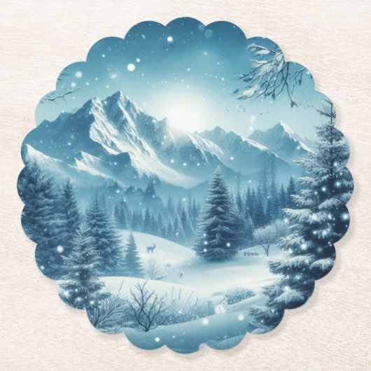 Sneeuwrijke winterberg kartonnen onderzetters (Voorkant)