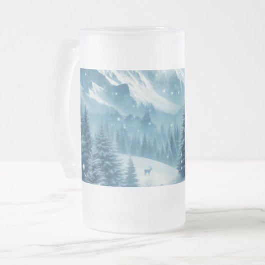 Sneeuwrijke winterberg matglas bierpul (Voorkant links)