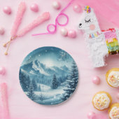 Sneeuwrijke winterberg papieren bordje (Feest)