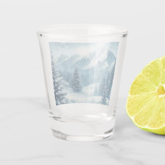 Sneeuwrijke winterberg shot glas (Achterkant)
