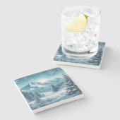 Sneeuwrijke winterberg stenen onderzetter (Zijkant)