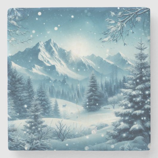 Sneeuwrijke winterberg stenen onderzetter (Voorkant)