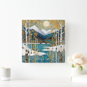 Sneeuwrijke winterberg vierkante klok (Huis)