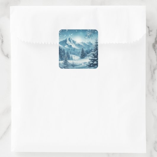 Sneeuwrijke winterberg vierkante sticker (Tas)