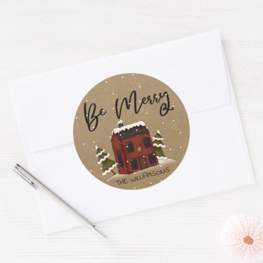 Sneeuwrijke zoutbak huis primitief land Kerstmis Ronde Sticker (Envelop)