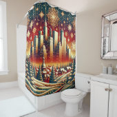 "Sneeuwrood goud en groen kerstlandschap" Douchegordijn (In situ)