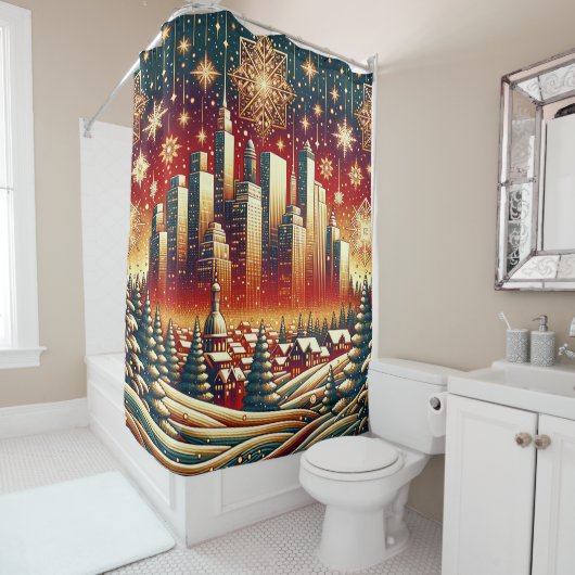 "Sneeuwrood goud en groen kerstlandschap" Douchegordijn (In situ)