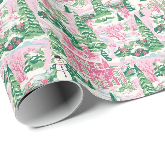 Sneeuwroze en groene kersthuizen cadeaupapier (Rol Hoek)