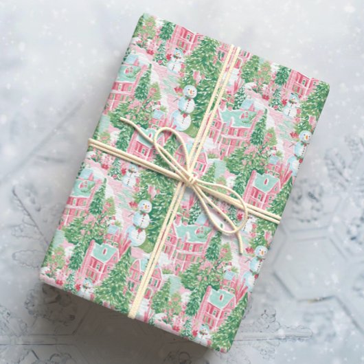Sneeuwroze en groene kerststad cadeaupapier
