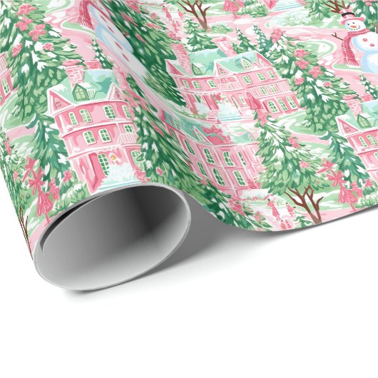 Sneeuwroze en groene kerststad cadeaupapier (Rol Hoek)