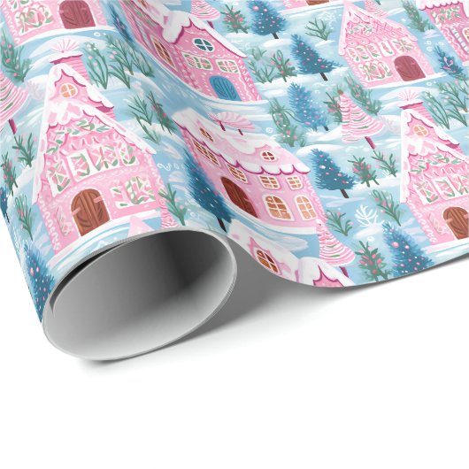 Sneeuwroze kersthuizen cadeaupapier (Rol Hoek)