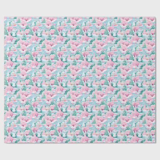 Sneeuwroze kersthuizen cadeaupapier (Vlak)