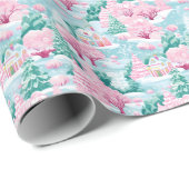 Sneeuwroze kersthuizen cadeaupapier (Rol Hoek)