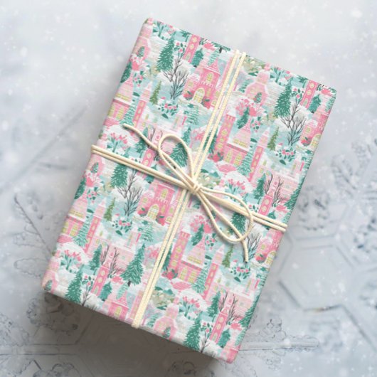 Sneeuwroze kerstkerken cadeaupapier