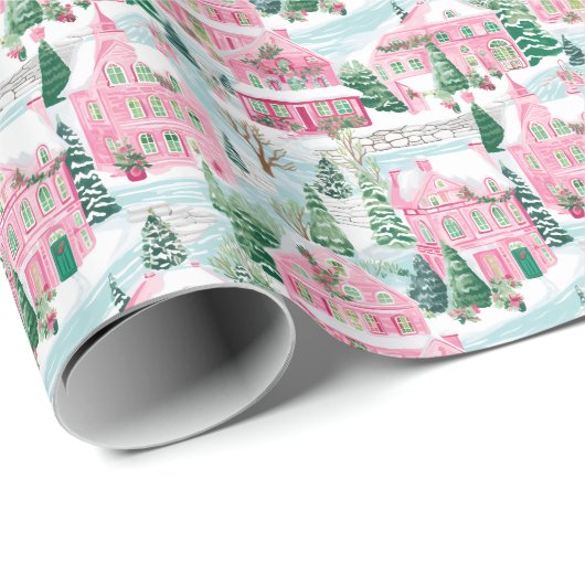 Sneeuwroze kerststad cadeaupapier (Rol Hoek)