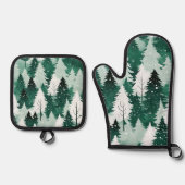 Sneeuwscène Feestelijke Groene Winter Bomen Kerstm Ovenwant & Pannenlap Set (Voorkant)