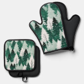 Sneeuwscène Feestelijke Groene Winter Bomen Kerstm Ovenwant & Pannenlap Set (Voorkant / Achterkant)