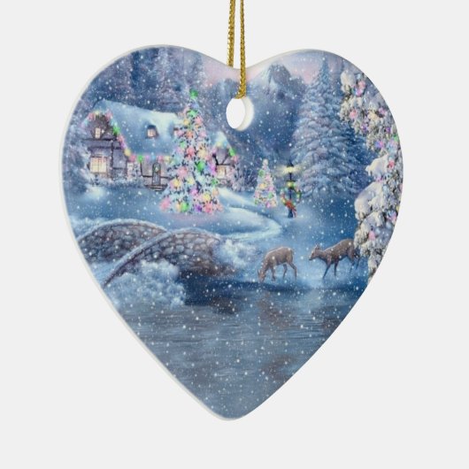 Sneeuwscène kerstversiering keramisch ornament (Rechts)