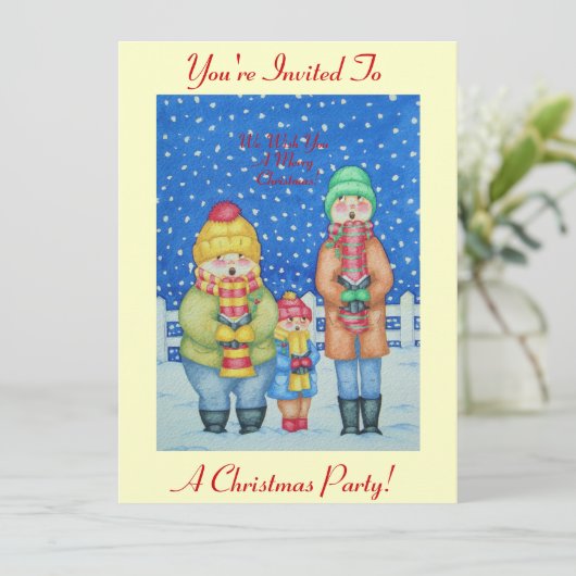 sneeuwscène met een grappige carol zanger voor ker kaart (Staand voorkant)