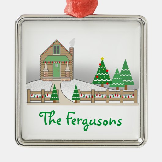 Sneeuwscène met kap en kerstlampjes metalen ornament (Voorkant)