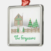 Sneeuwscène met kap en kerstlampjes metalen ornament (Links)