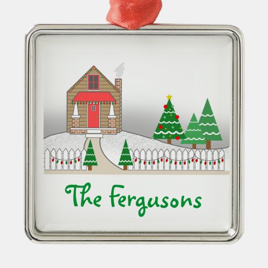 Sneeuwscène met kap en kerstlampjes metalen ornament (Voorkant)